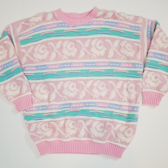 Vintage Sweaters - VINTAGE 80s Pastel Fairy Kei Kawaii Rose Sweater
